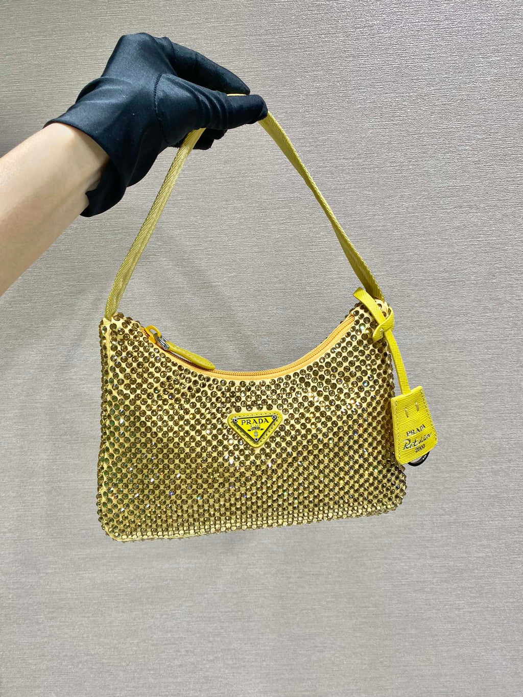 Prada Sparkling Hobo Bag 23 in Yellow Nylon Attached Fully Crystals