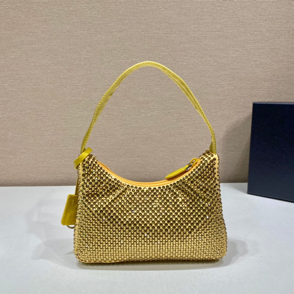 Prada Sparkling Hobo Bag 23 in Yellow Nylon Attached Fully Crystals