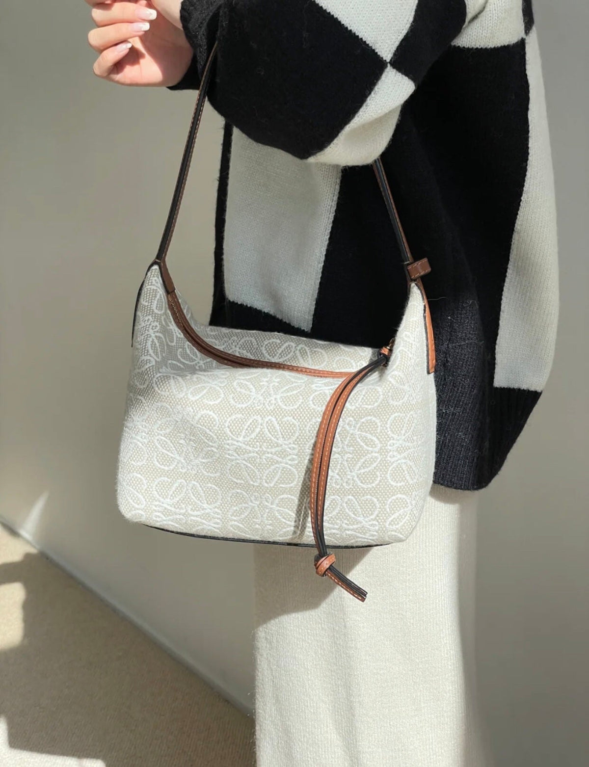 Loewe Cubi 35 Bag in White Anagram Jacquard and Calfskin