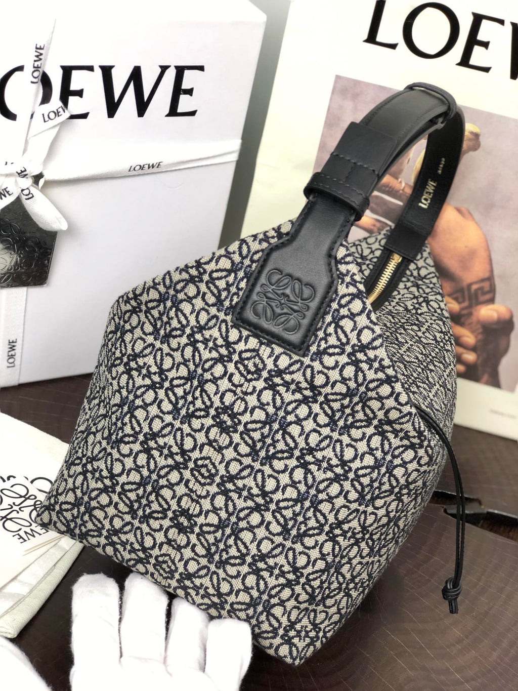 Loewe Cubi 21 Bag in White Mix Black Anagram Jacquard