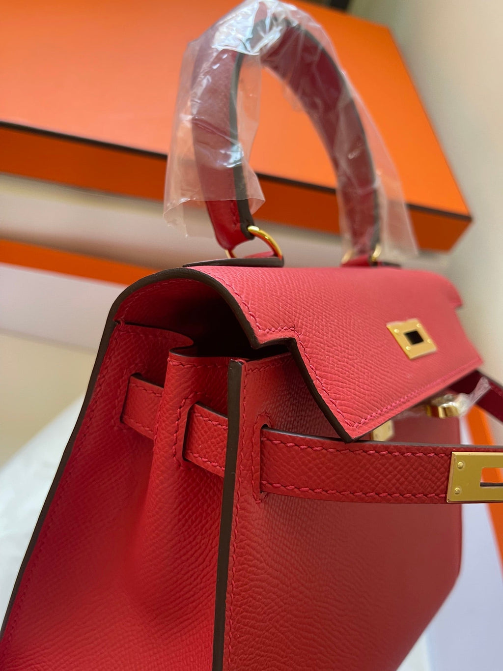 Hermes Kelly Mini 20 Bag in Ruby Red Calfskin with Gold Hardware