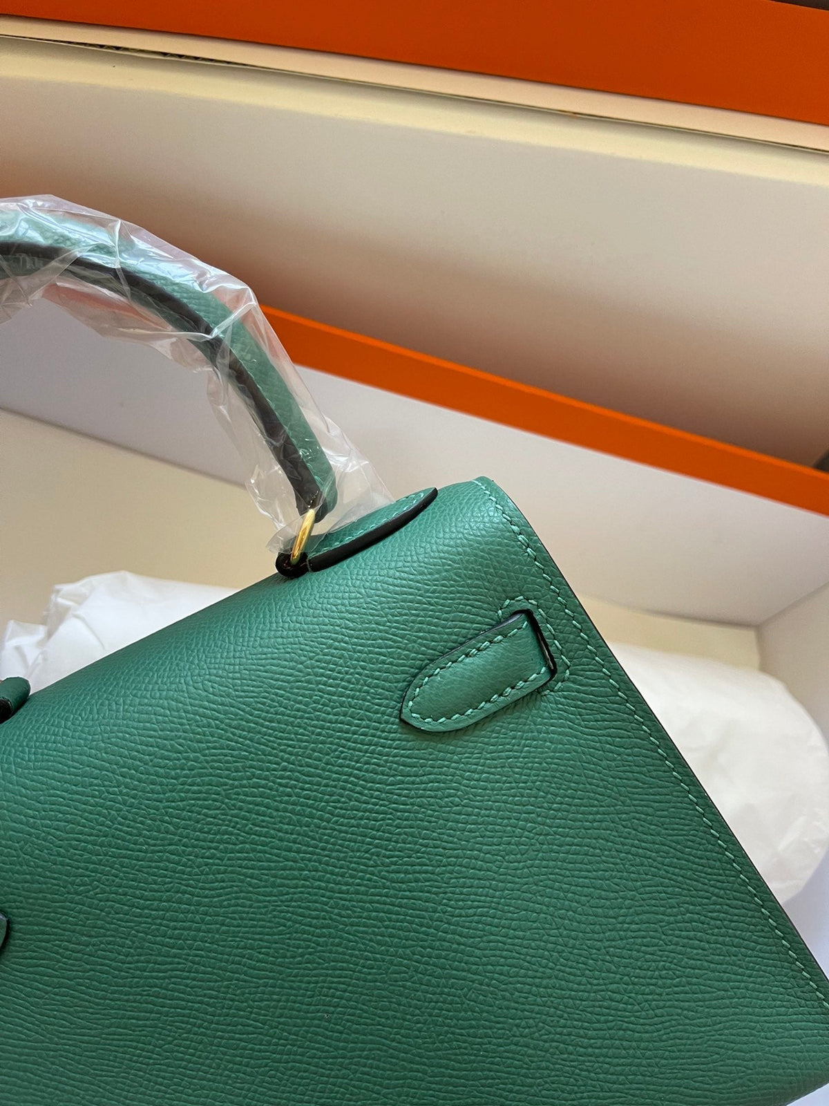 Hermes Kelly Mini 20 Bag in Dark Green Calfskin with Gold Hardware