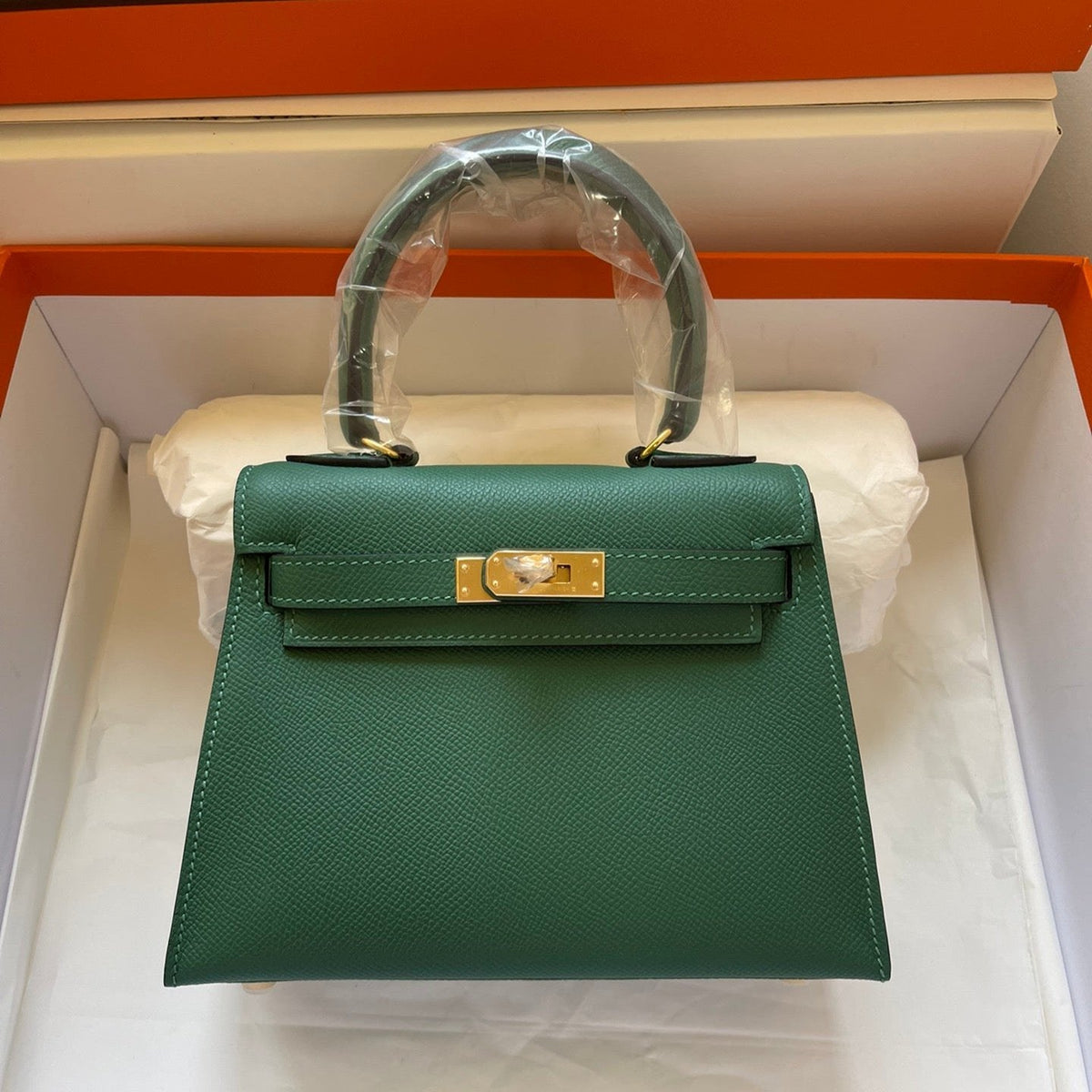 Hermes Kelly Mini 20 Bag in Dark Green Calfskin with Gold Hardware