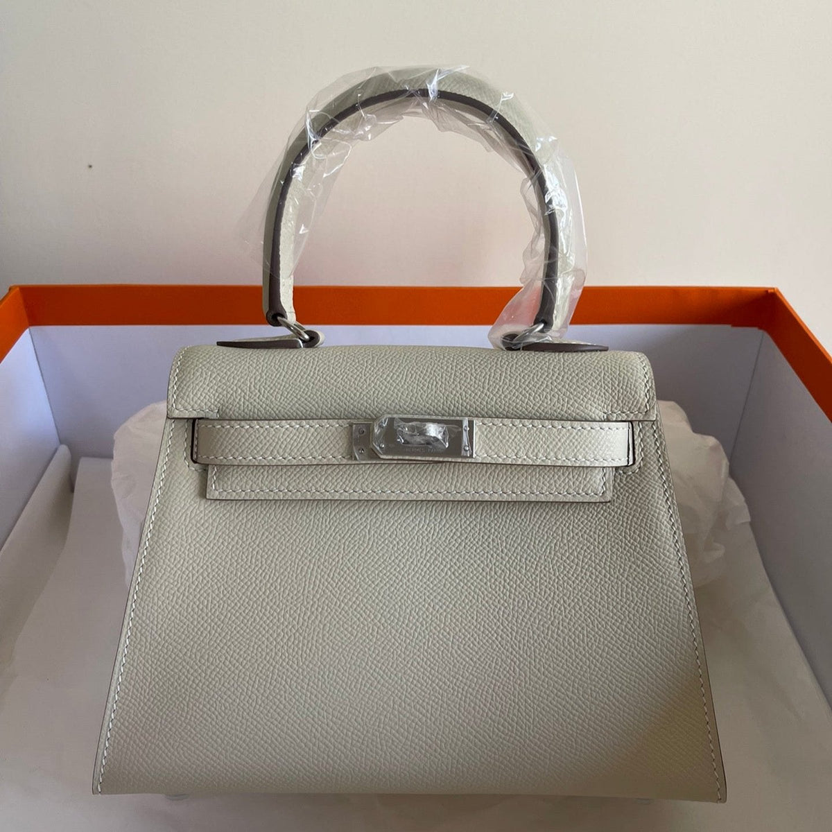 Hermes Kelly Mini 20 Bag in Oat Tan Calfskin with Silver Hardware