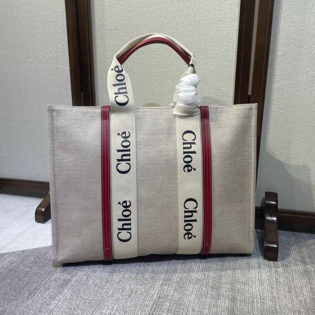Lagre Woody Tote Bag 45 in Beige Linen Canvas Black Webbing Logo Embroider Red Calfskin