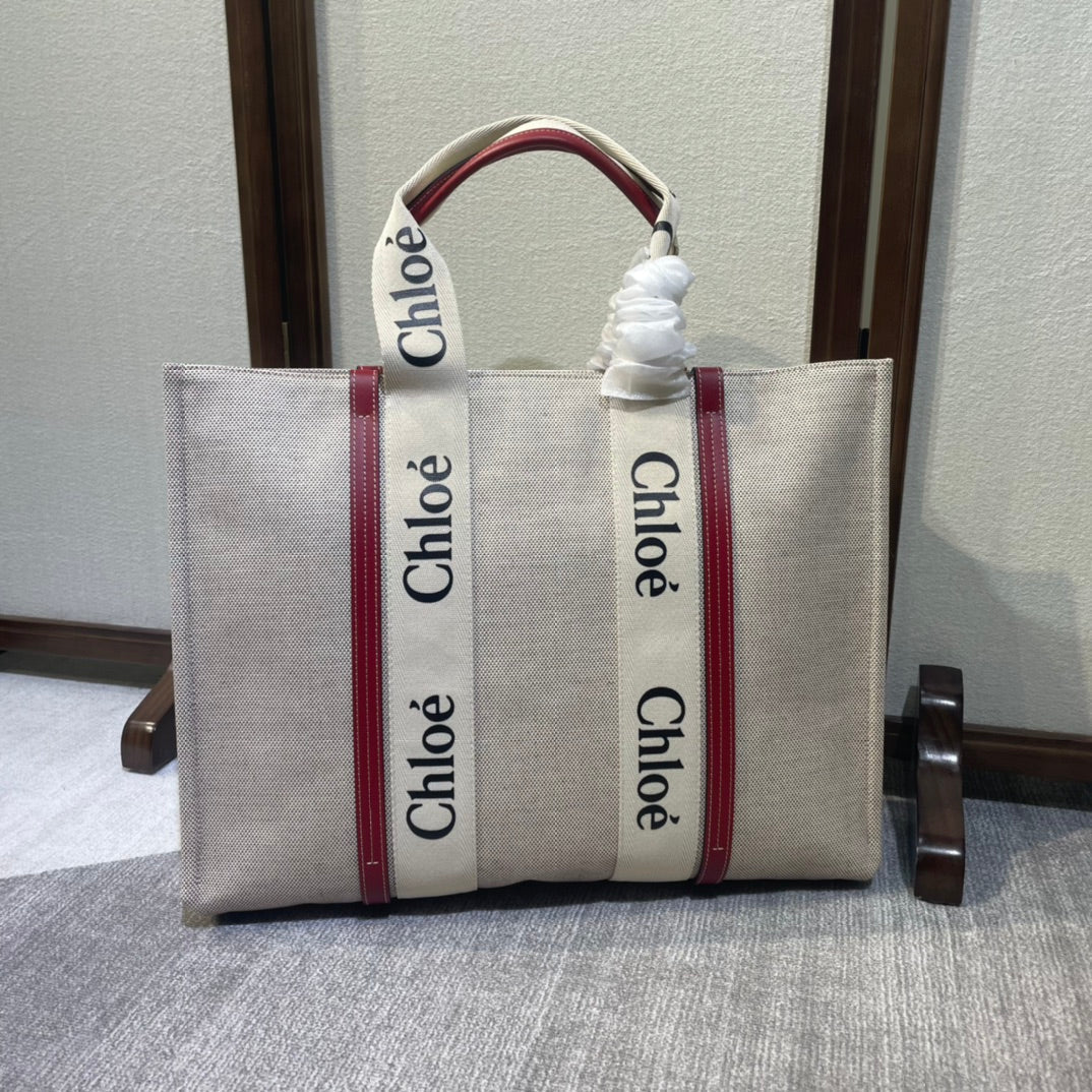 Lagre Woody Tote Bag 45 in Beige Linen Canvas Black Webbing Logo Embroider Red Calfskin