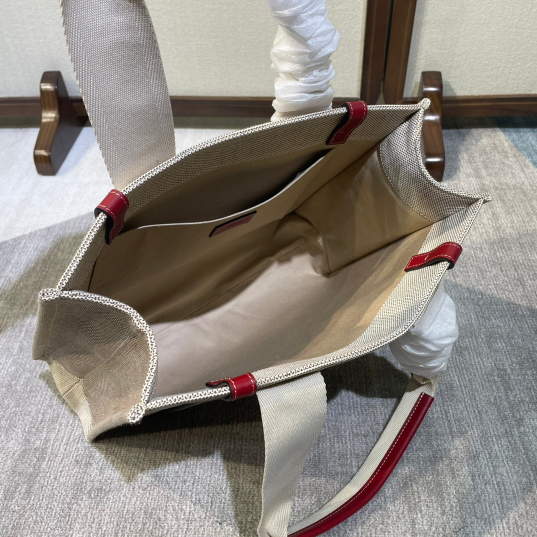 Medium Strap Woody Tote Bag 37 in Beige Linen Canvas Black Webbing Logo Embroider Red Calfskin