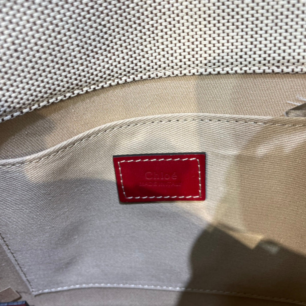 Small Strap Woody Tote Bag 26.5 in Beige Linen Canvas Black Webbing Logo Embroider Red Calfskin