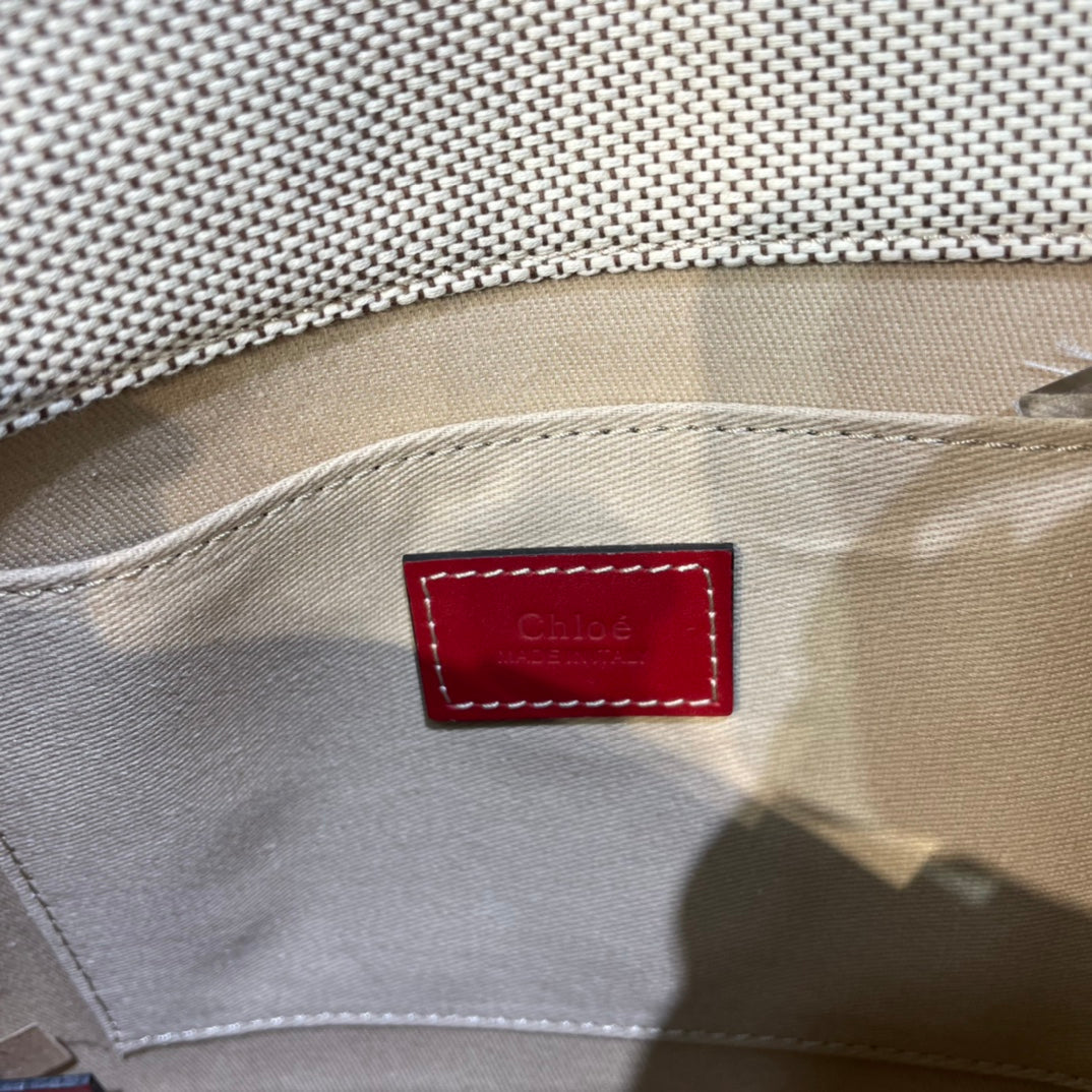 Small Strap Woody Tote Bag 26.5 in Beige Linen Canvas Black Webbing Logo Embroider Red Calfskin