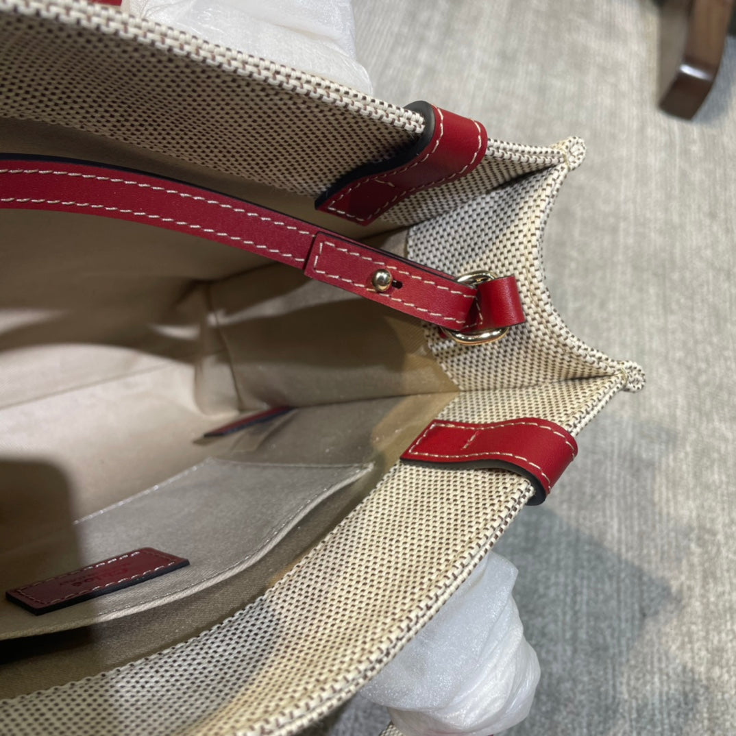 Small Strap Woody Tote Bag 26.5 in Beige Linen Canvas Black Webbing Logo Embroider Red Calfskin