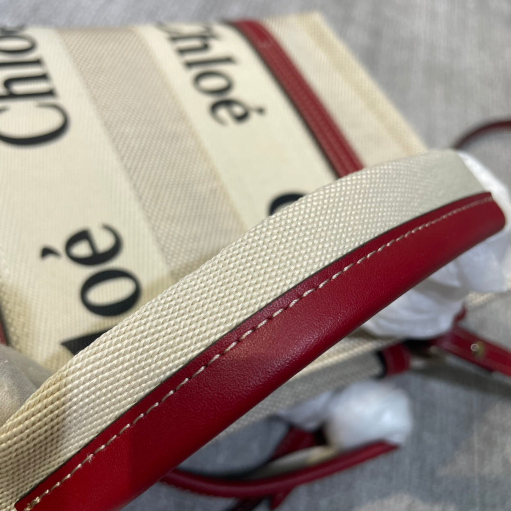 Small Strap Woody Tote Bag 26.5 in Beige Linen Canvas Black Webbing Logo Embroider Red Calfskin