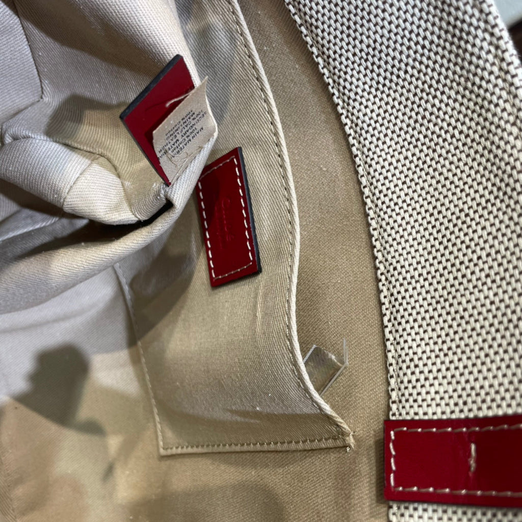 Small Strap Woody Tote Bag 26.5 in Beige Linen Canvas Black Webbing Logo Embroider Red Calfskin