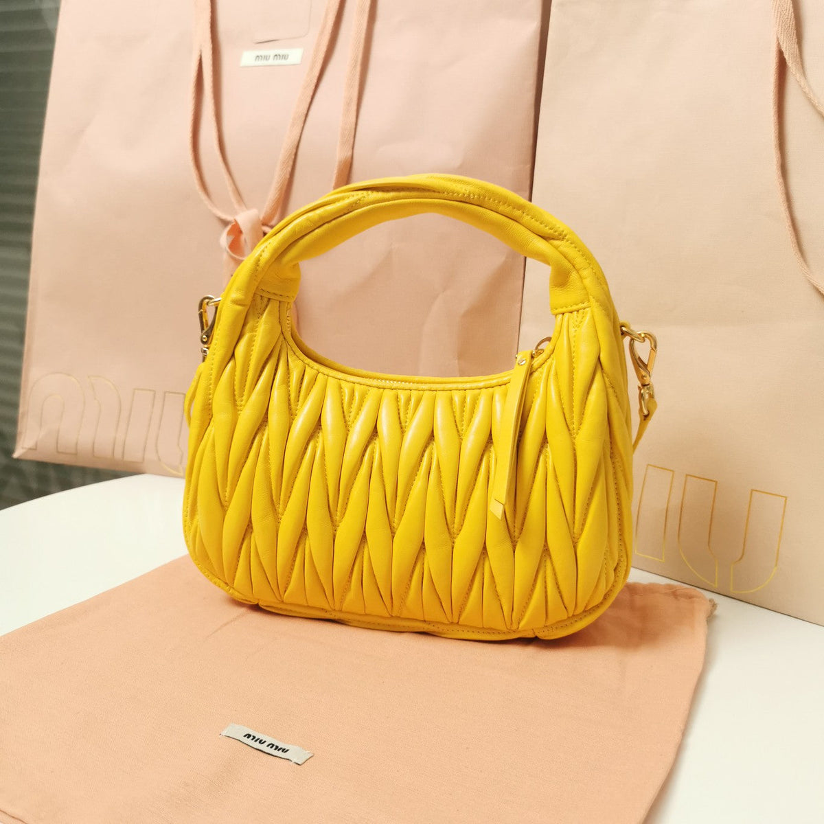 Wander Matelassé Nappa Hobo Bag 23 in Yellow Lambskin
