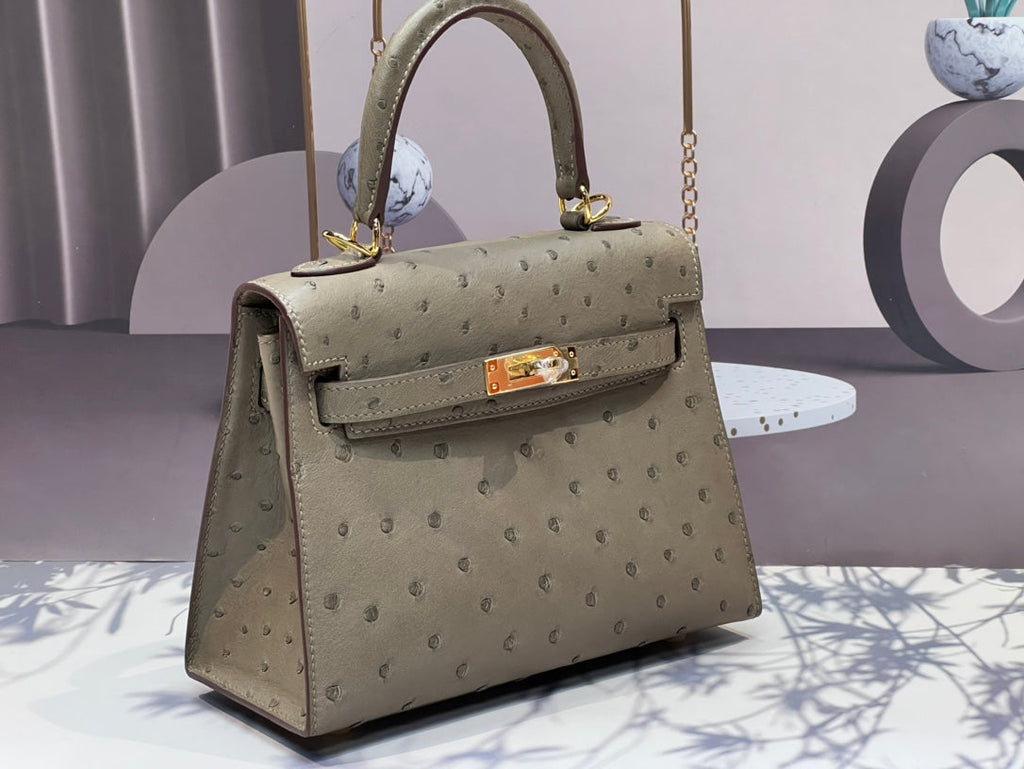 Hermes Kelly Bag 20 in Khaki Beige Ostrich Leather with Gold Hardware
