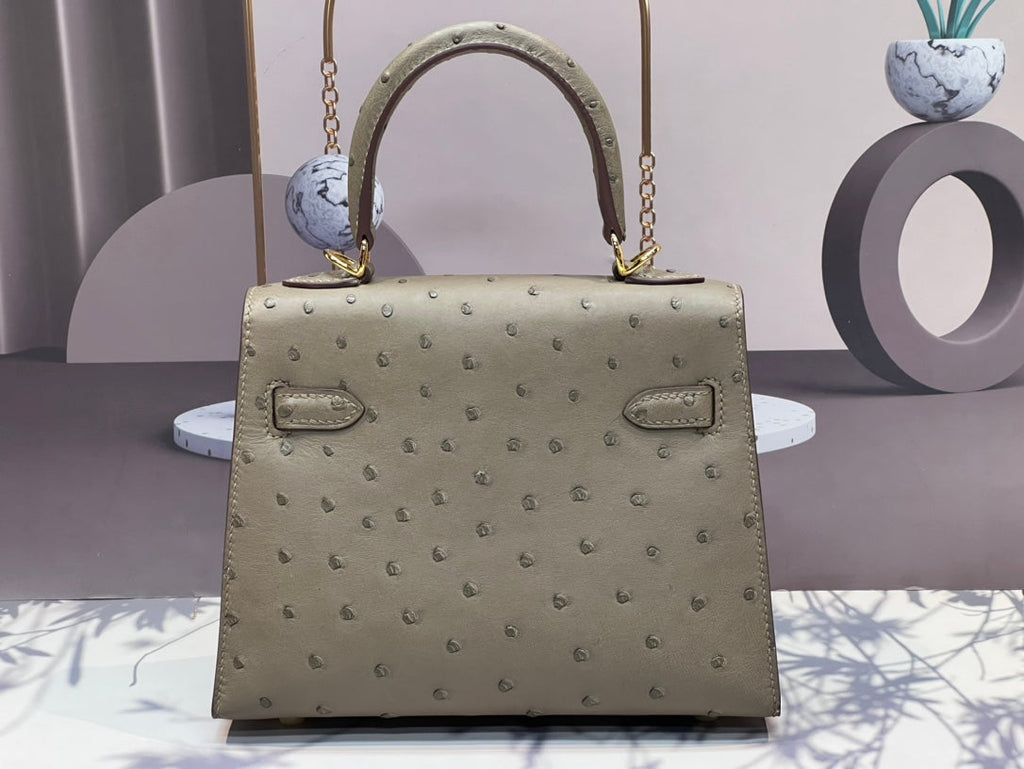 Hermes Kelly Bag 20 in Khaki Beige Ostrich Leather with Gold Hardware