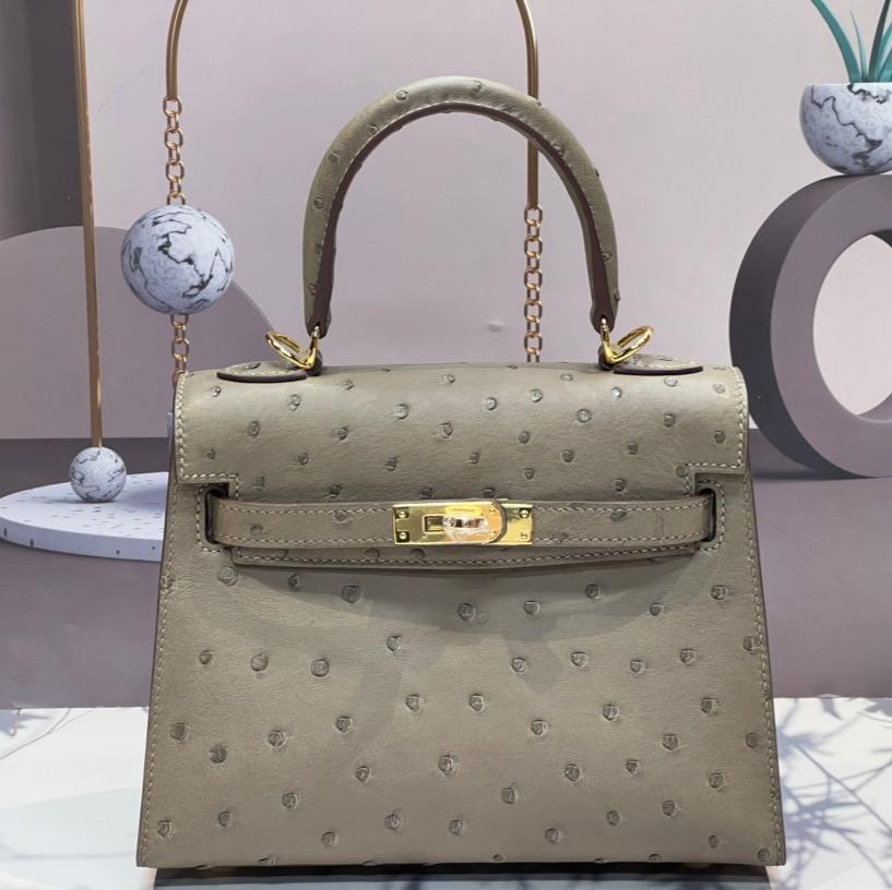 Hermes Kelly Bag 20 in Khaki Beige Ostrich Leather with Gold Hardware