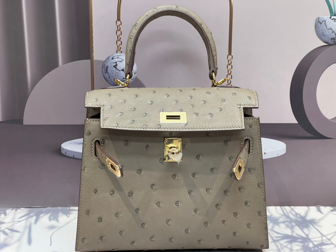 Hermes Kelly Bag 20 in Khaki Beige Ostrich Leather with Gold Hardware
