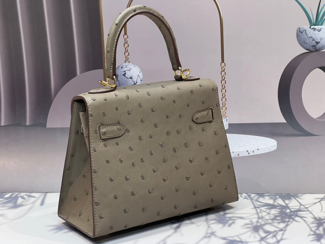 Hermes Kelly Bag 20 in Khaki Beige Ostrich Leather with Gold Hardware