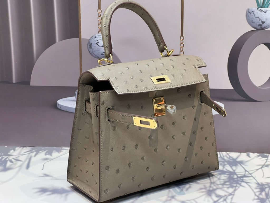 Hermes Kelly Bag 20 in Khaki Beige Ostrich Leather with Gold Hardware