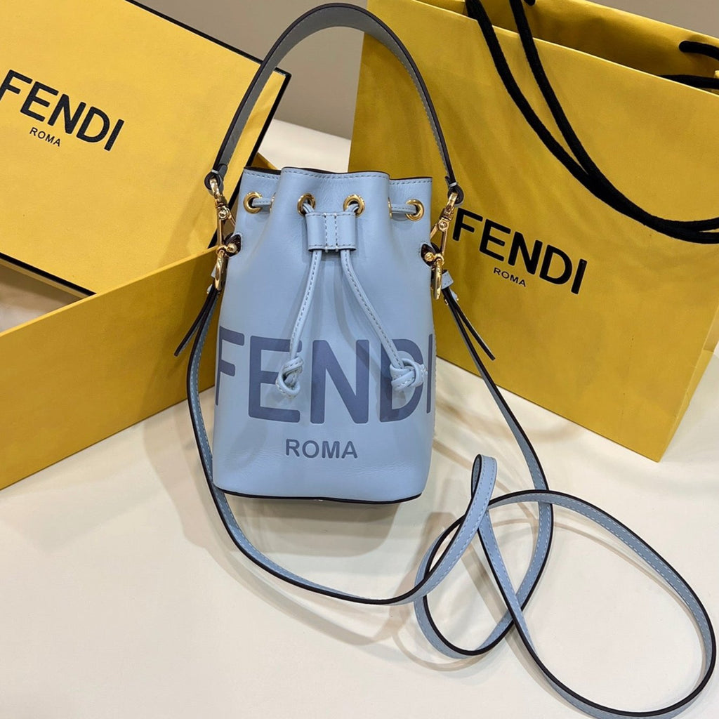 Fendi Mon Tresor Mini 18 Bag in Light Blue Calfskin Ff with Gold Hardware