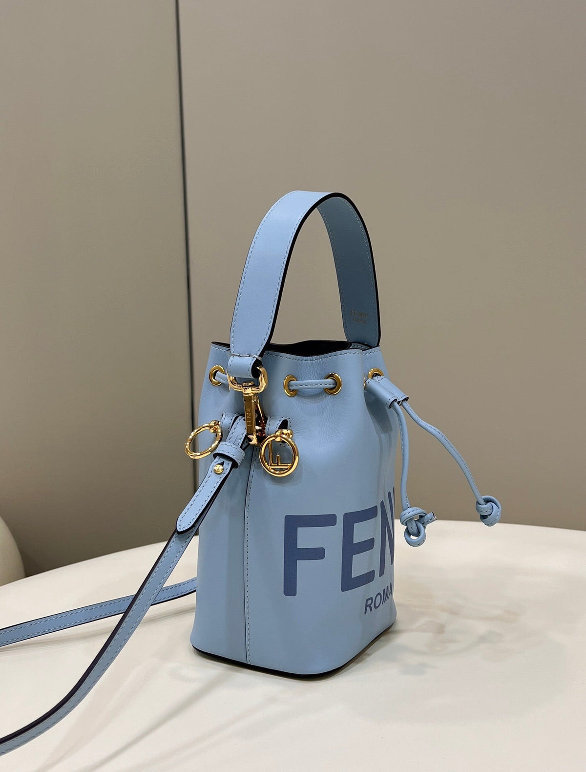 Fendi Mon Tresor Mini 18 Bag in Light Blue Calfskin Ff with Gold Hardware