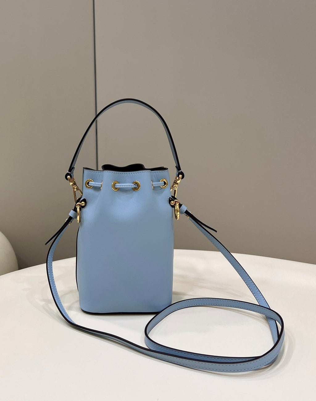 Fendi Mon Tresor Mini 18 Bag in Light Blue Calfskin Ff with Gold Hardware