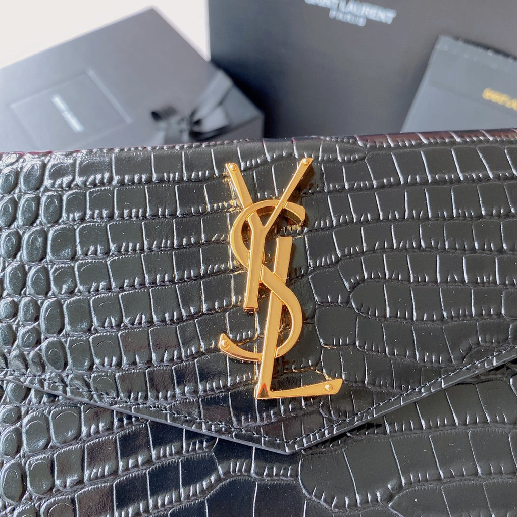 Saint Laurent Uptown Pouch 27 in Black Crocodile-Embossed Shiny Calfskin Gold Logo