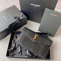 Saint Laurent Uptown Pouch 27 in Black Crocodile-Embossed Shiny Calfskin Gold Logo