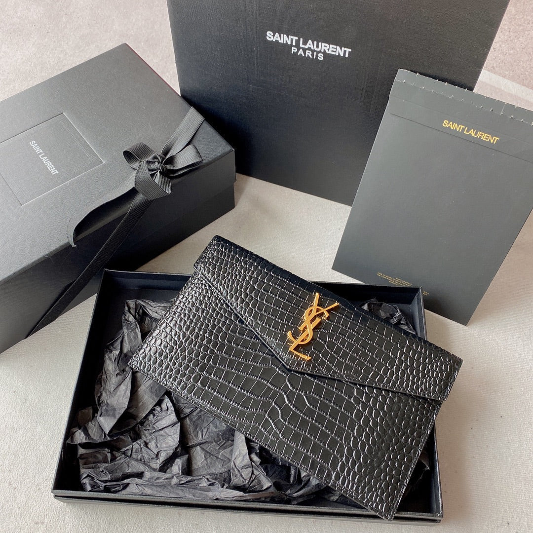 Saint Laurent Uptown Pouch 27 in Black Crocodile-Embossed Shiny Calfskin Gold Logo