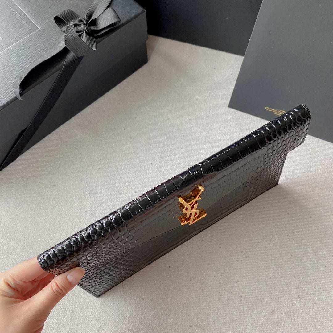 Saint Laurent Uptown Pouch 27 in Black Crocodile-Embossed Shiny Calfskin Gold Logo