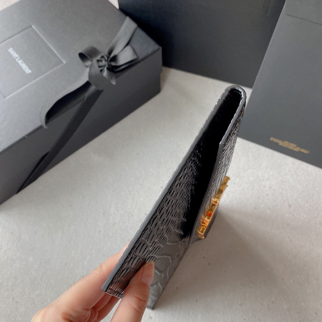 Saint Laurent Uptown Pouch 27 in Black Crocodile-Embossed Shiny Calfskin Gold Logo