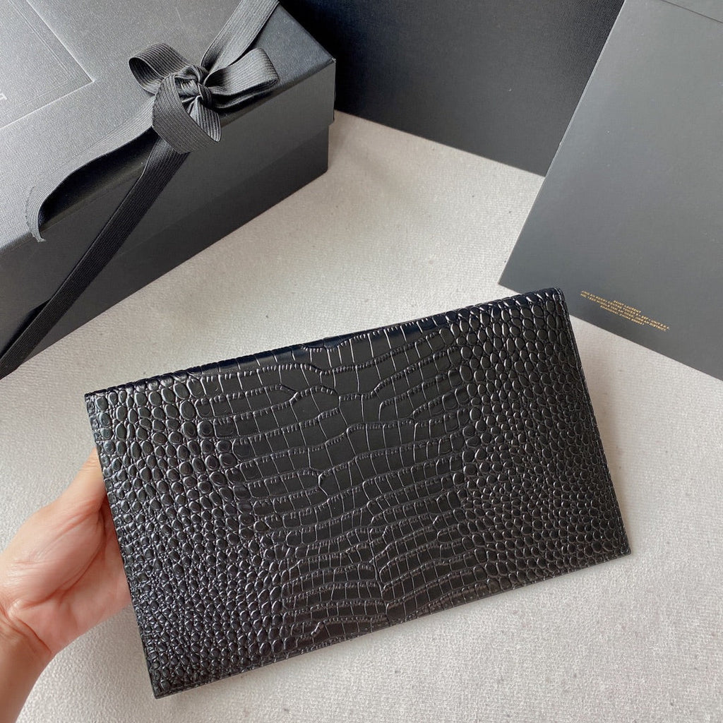 Saint Laurent Uptown Pouch 27 in Black Crocodile-Embossed Shiny Calfskin Gold Logo
