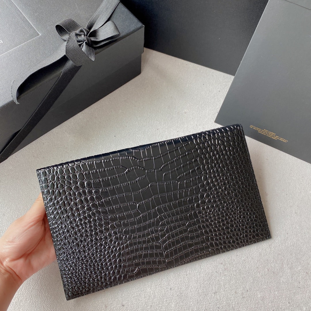 Saint Laurent Uptown Pouch 27 in Black Crocodile-Embossed Shiny Calfskin Gold Logo