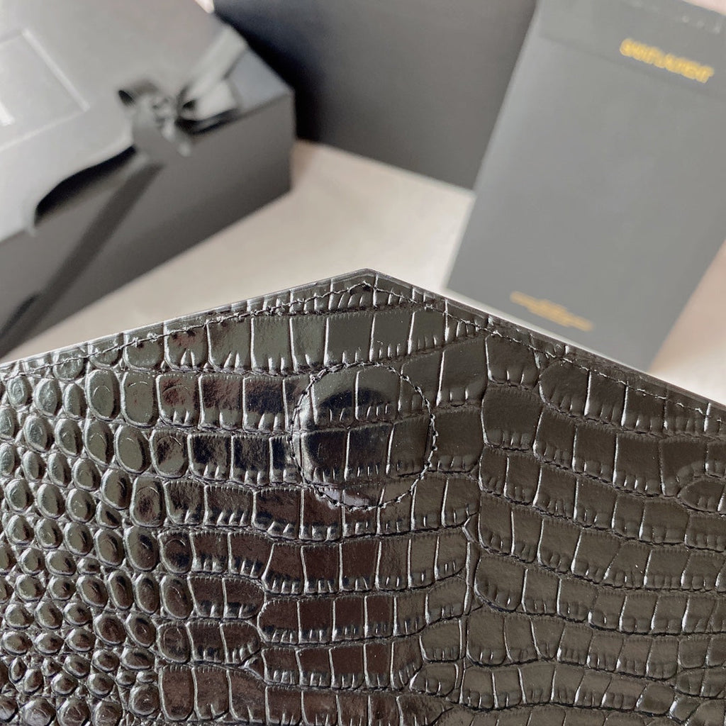 Saint Laurent Uptown Pouch 27 in Black Crocodile-Embossed Shiny Calfskin Gold Logo