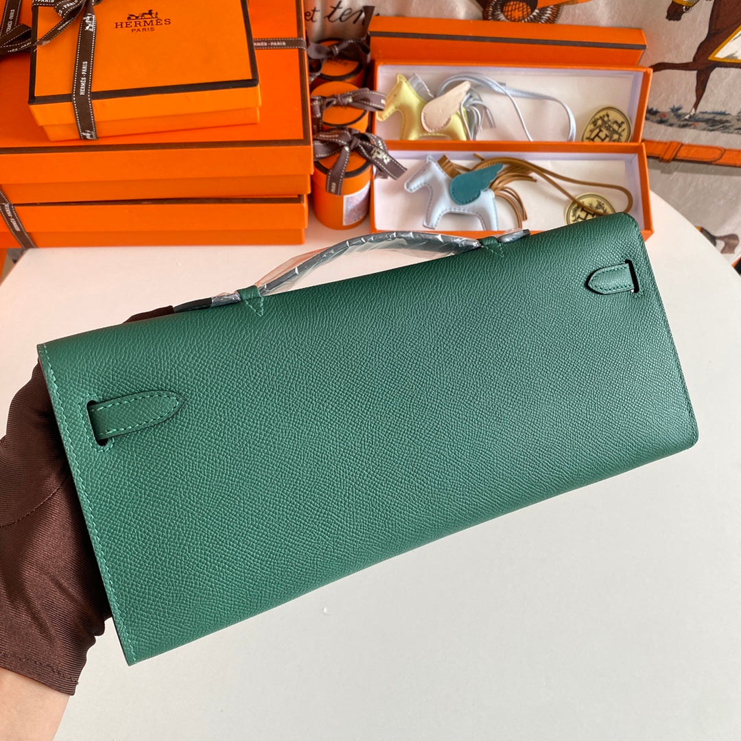 Hermes Kelly Cut 31 in Green Forest Calfskin with Silver Hardware Bag