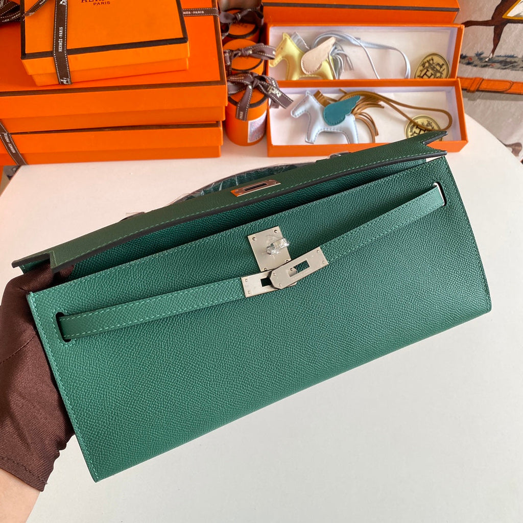 Hermes Kelly Cut 31 in Green Forest Calfskin with Silver Hardware Bag