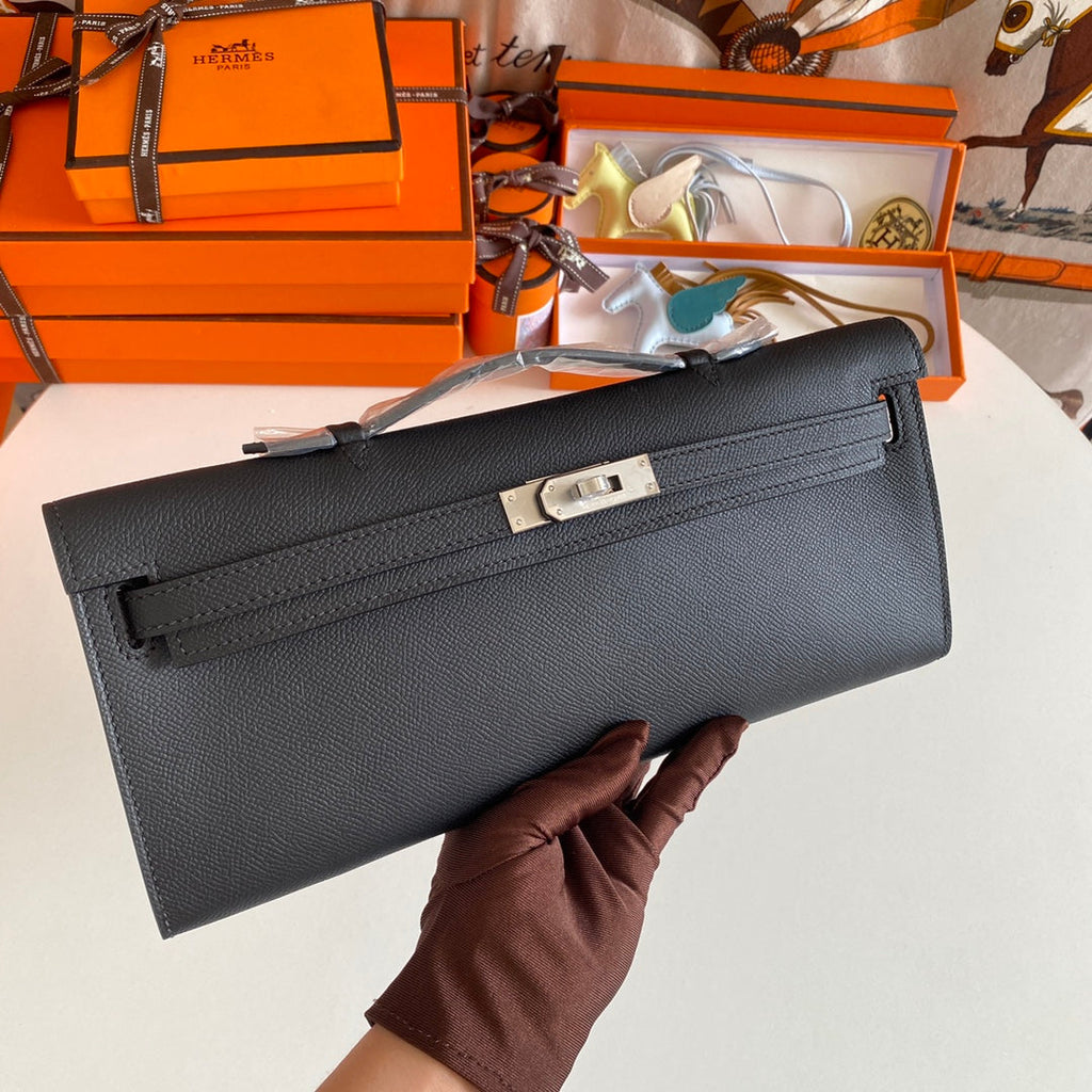 Hermes Kelly Cut 31 in Black Calfskin with Silver Hardware Bag