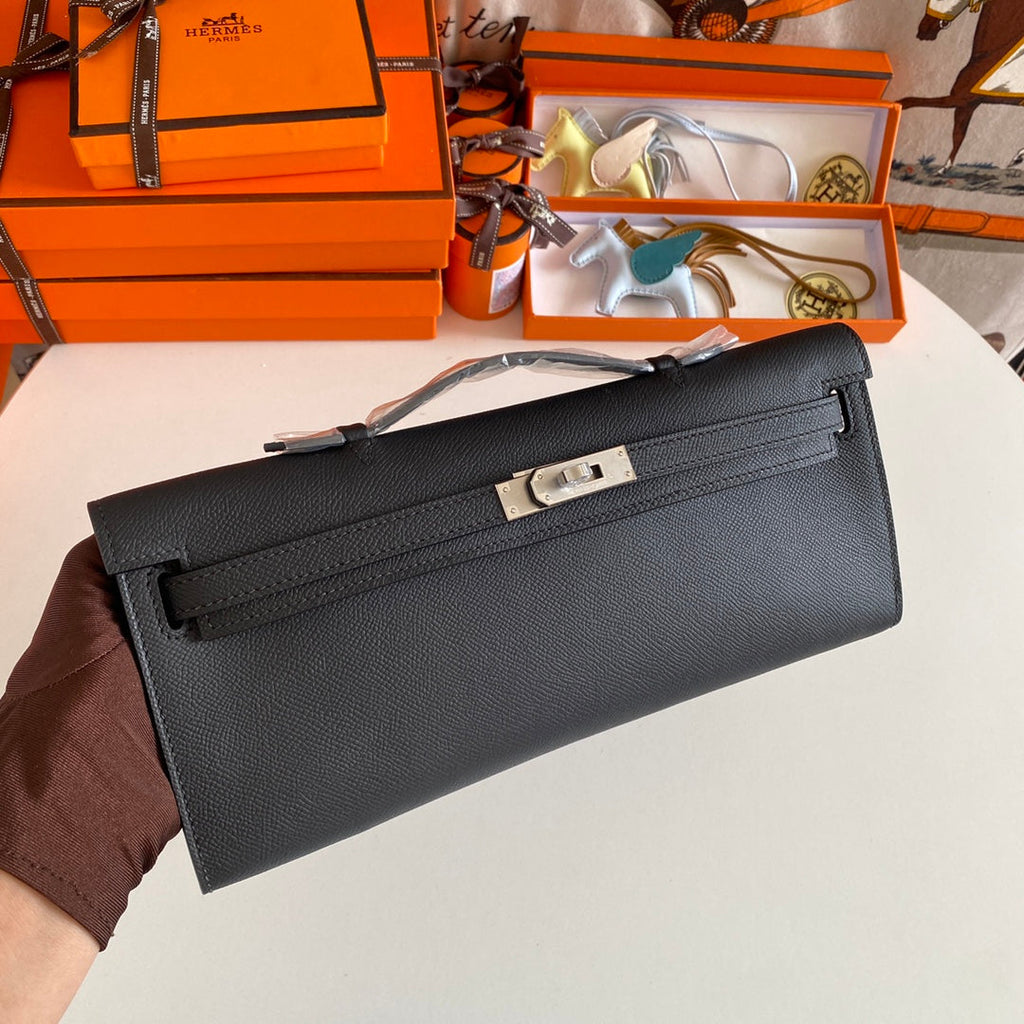 Hermes Kelly Cut 31 in Black Calfskin with Silver Hardware Bag
