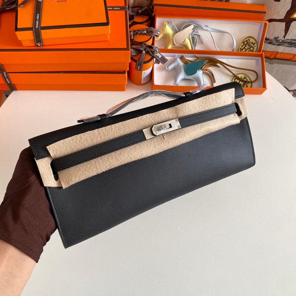 Hermes Kelly Cut 31 in Black Calfskin with Silver Hardware Bag