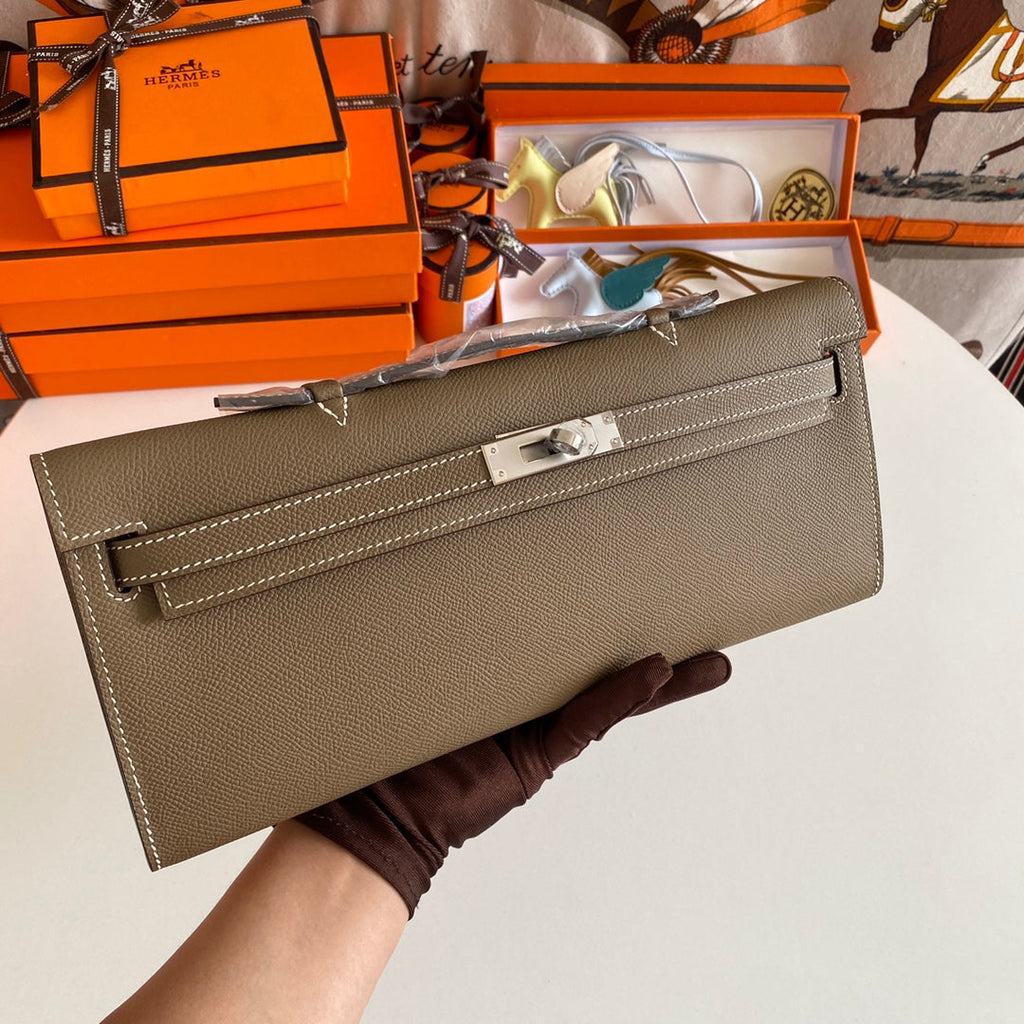 Hermes Kelly Cut 31 in Mocha Brown Calfskin with Silver Hardware Bag