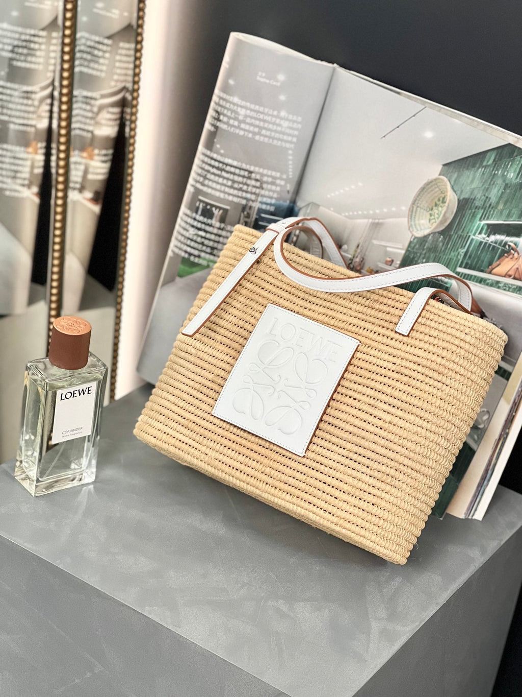 Loewe Small Square 28 Basket Bag in Raffia and White Calfskin
