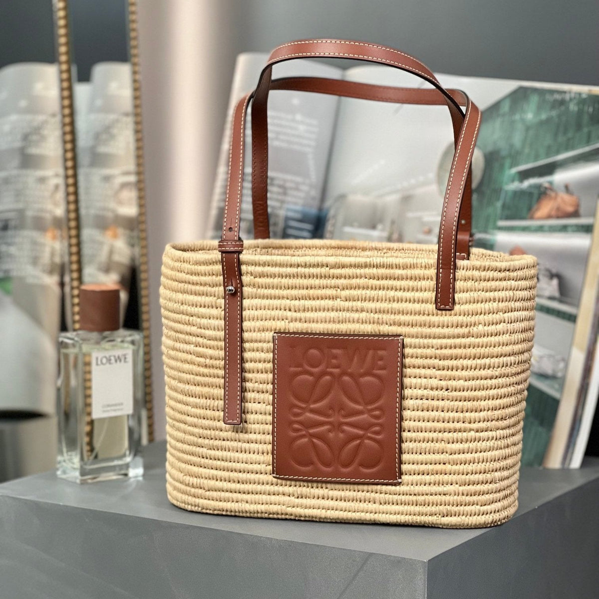 Loewe Small Square 28 Basket Bag in Raffia and Calfskin