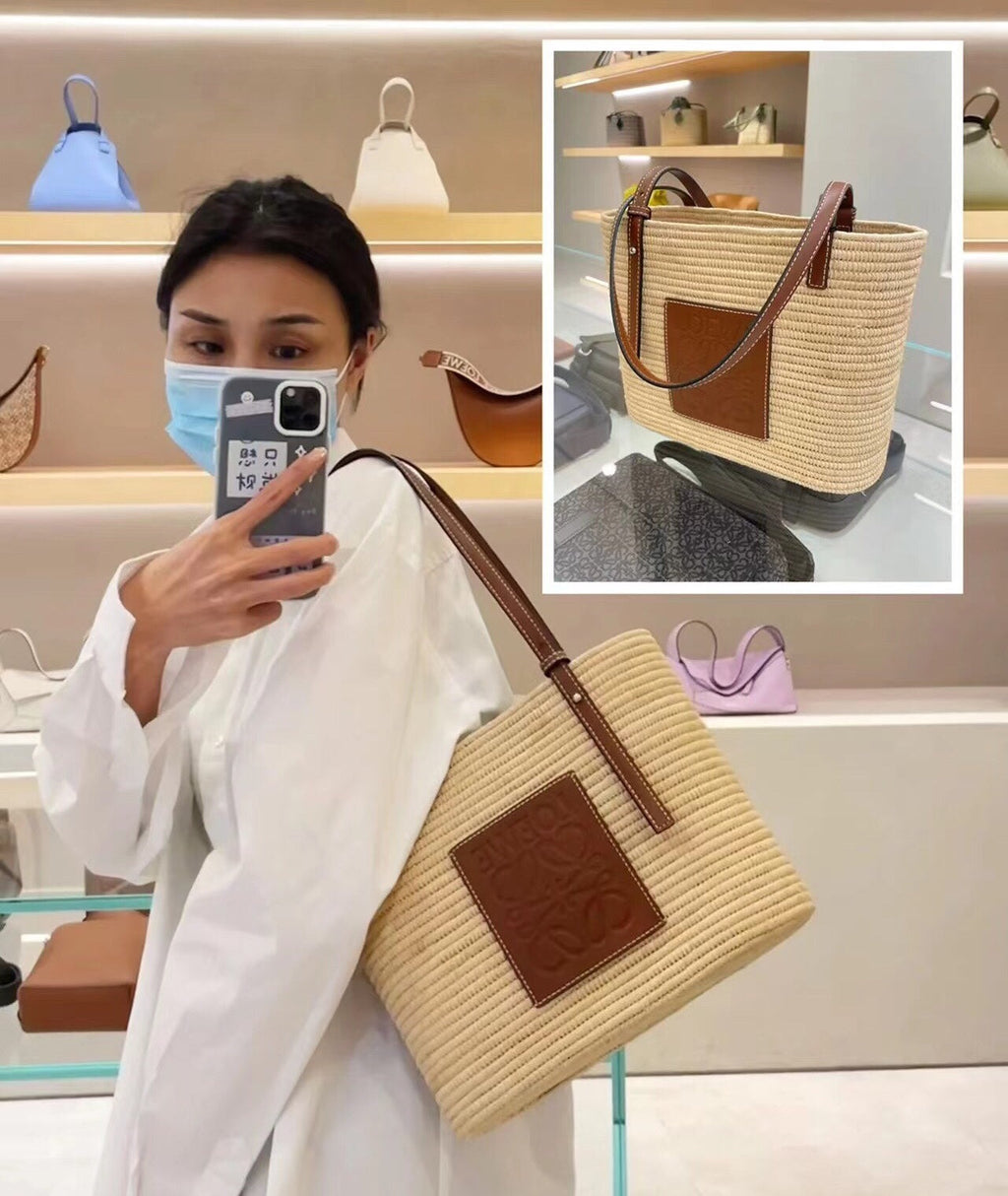 Loewe Small Square 28 Basket Bag in Raffia and Calfskin