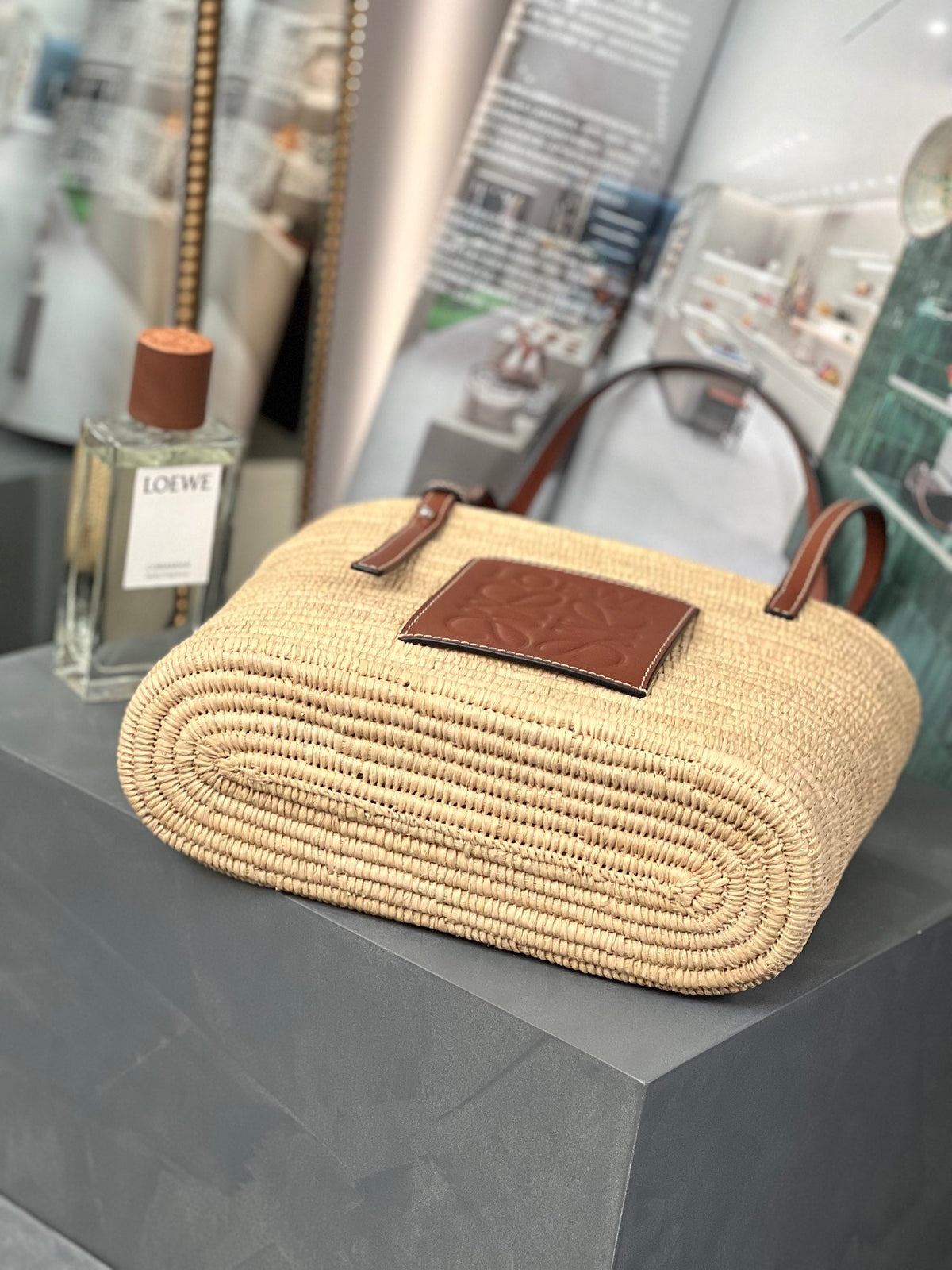 Loewe Small Square 28 Basket Bag in Raffia and Calfskin
