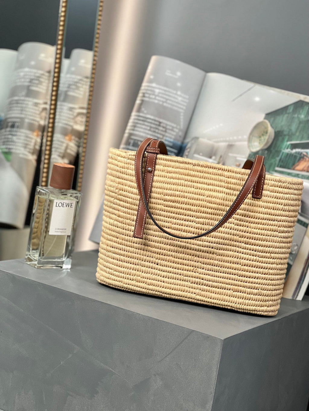 Loewe Small Square 28 Basket Bag in Raffia and Calfskin