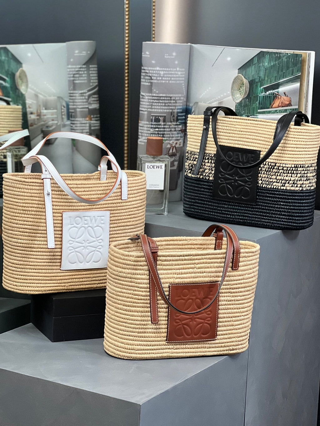 Loewe Small Square 28 Basket Bag in Raffia and Calfskin