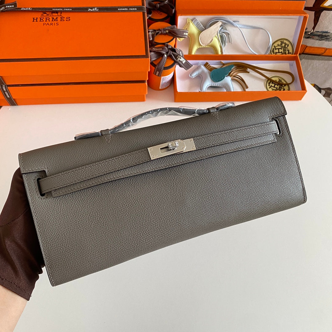 Hermes Kelly Cut 31 in Wood Brown Calfskin with Silver Hardware Bag