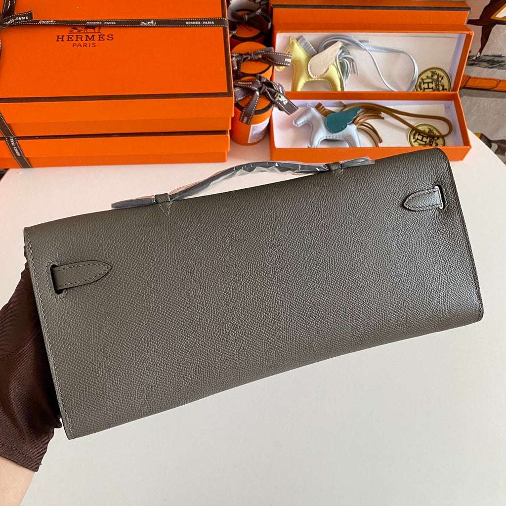 Hermes Kelly Cut 31 in Wood Brown Calfskin with Silver Hardware Bag