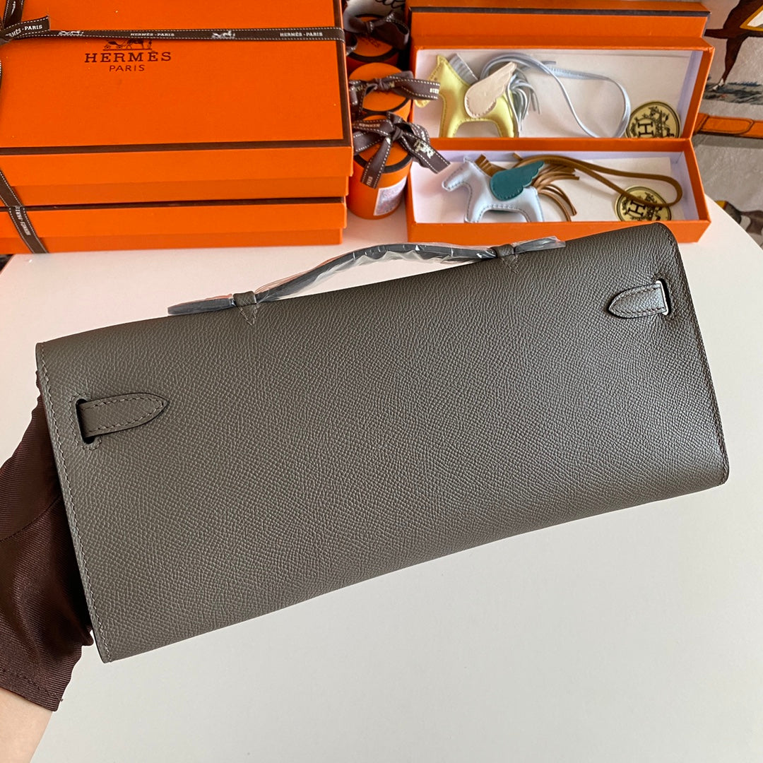 Hermes Kelly Cut 31 in Wood Brown Calfskin with Silver Hardware Bag