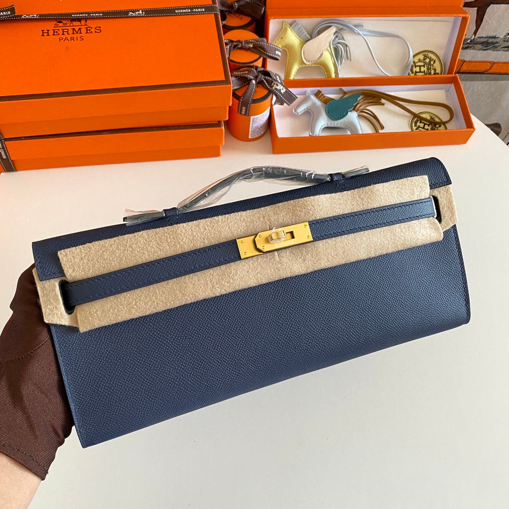 Hermes Kelly Cut 31 in Classic Blue Calfskin with Gold Hardware Bag
